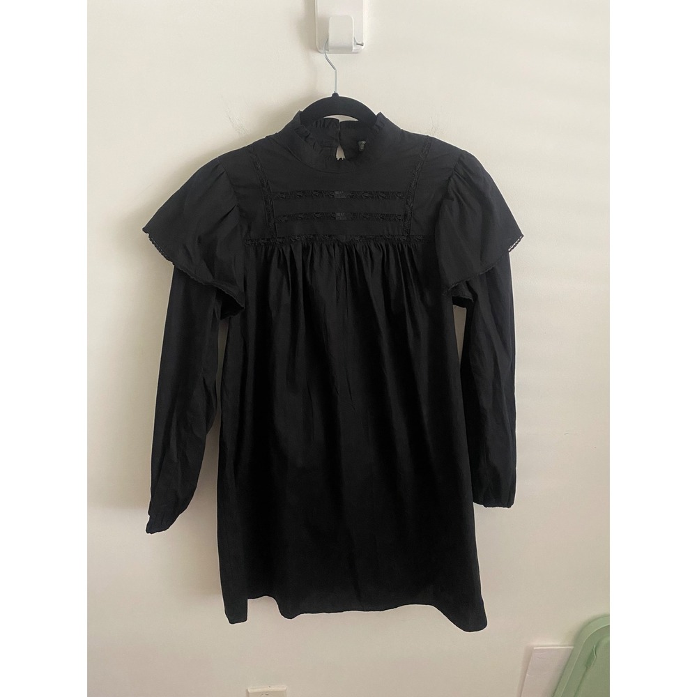 Womens Black Lace Ruffle Mock Neck Flutter Sleeve Mini Dress XS New